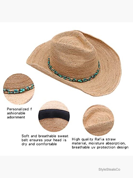 Raffia Straw Cowboy Hat, Crocheted Summer Sun Hat for Beach or Outdoor main image 4